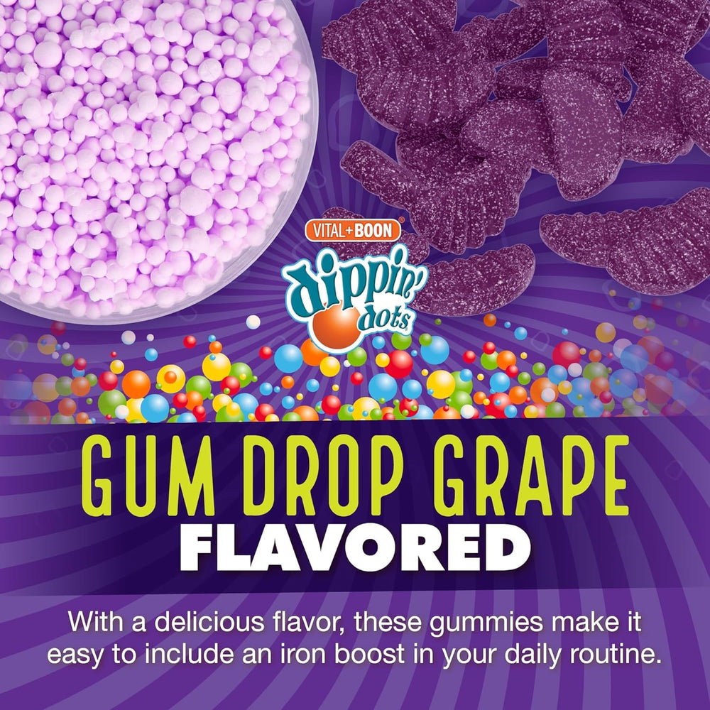 Vital+Boon Dippin' Dots iron gummies grape packaging shows 60-day supply.