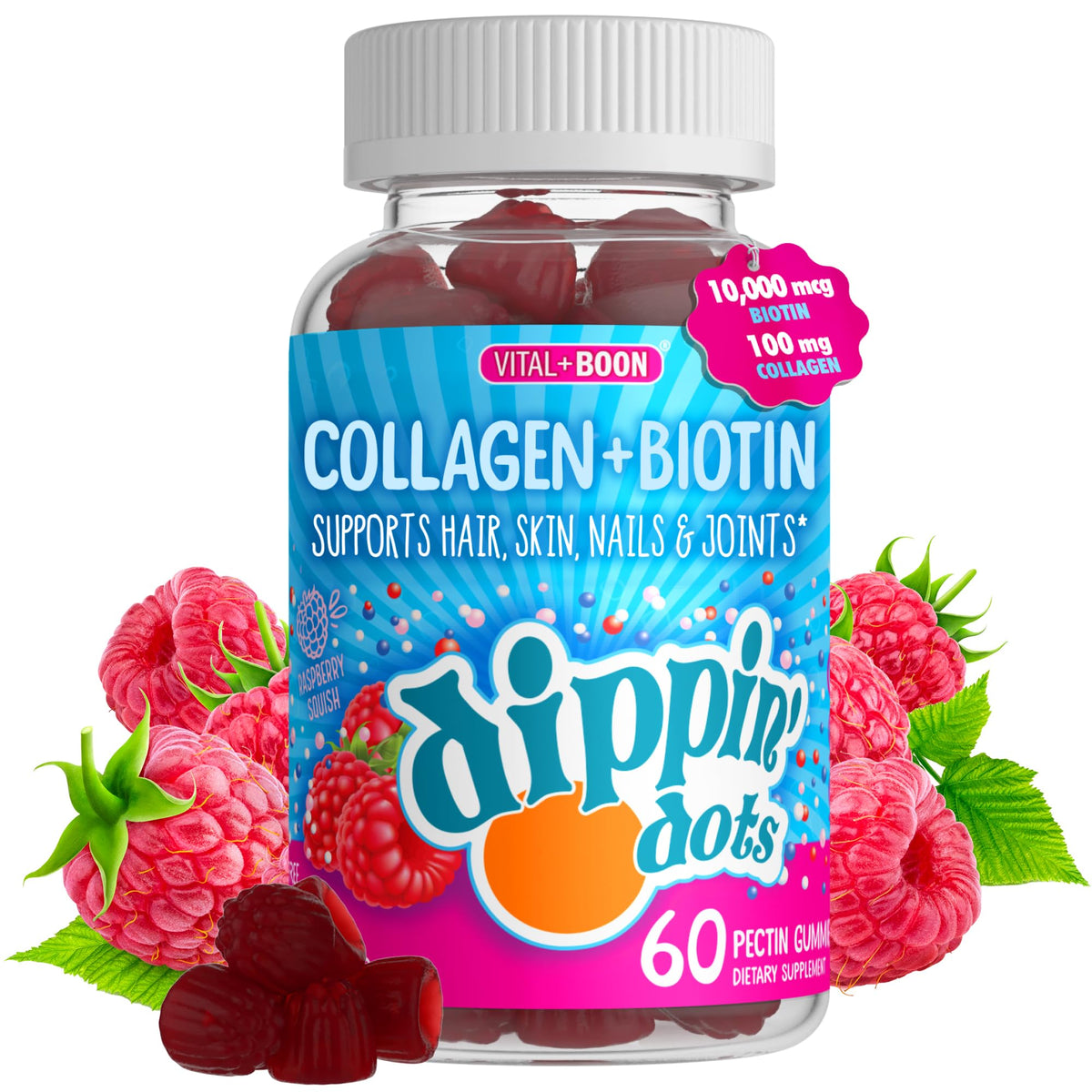 Vital+Boon Dippin' Dots raspberry bottle with gummies for hair and nails.