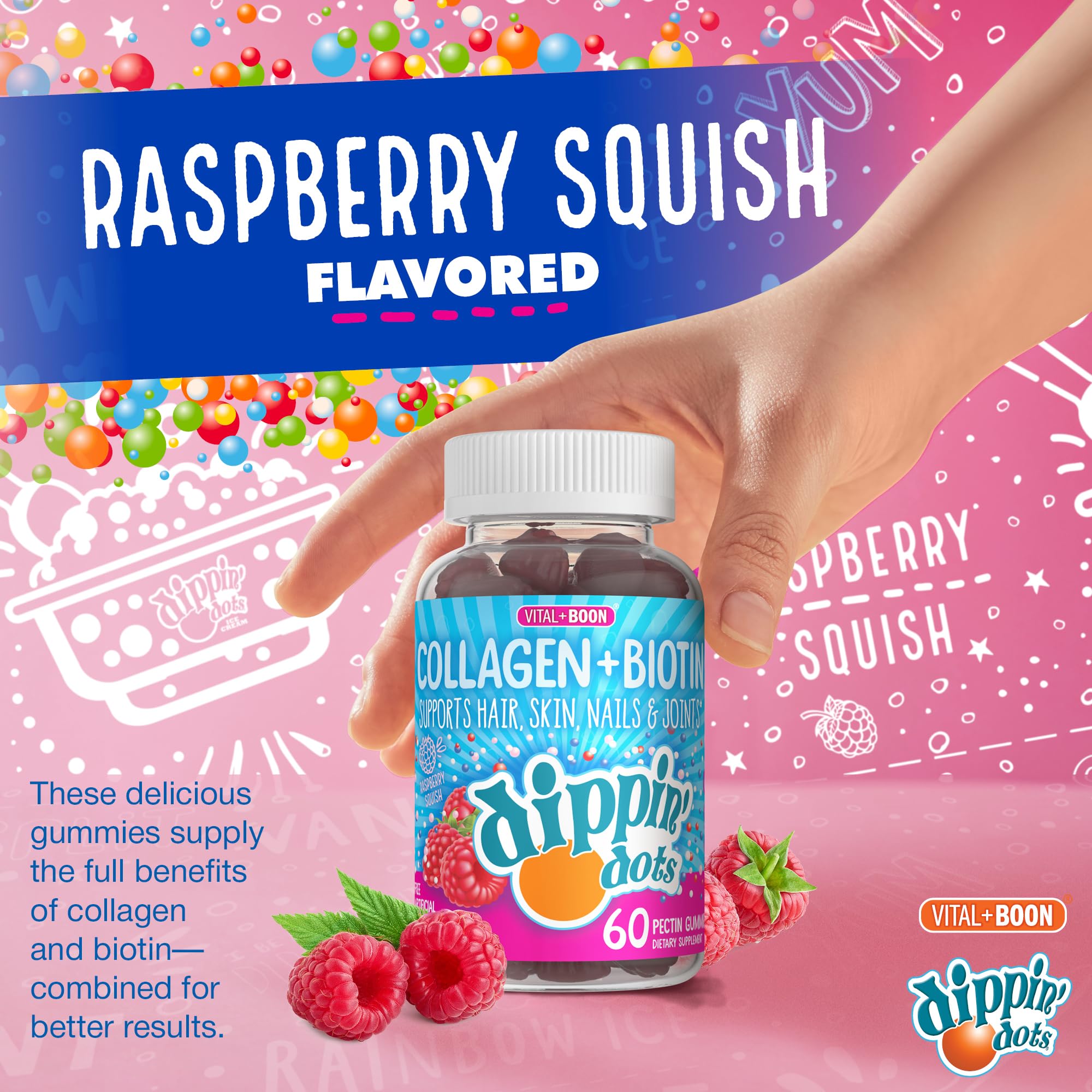 Vital+Boon Dippin' Dots raspberry gummies on a spoon, dessert-like appeal.