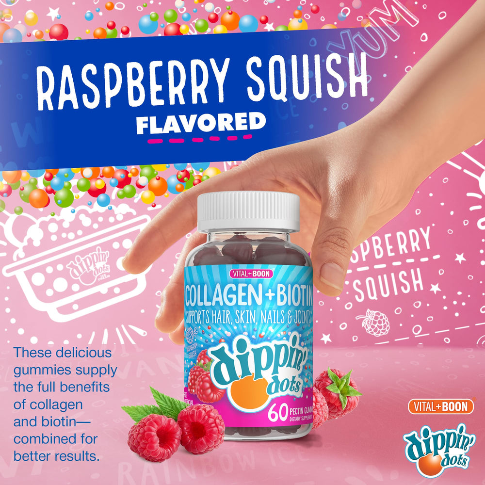 Vital+Boon Dippin' Dots raspberry gummies on a spoon, dessert-like appeal.