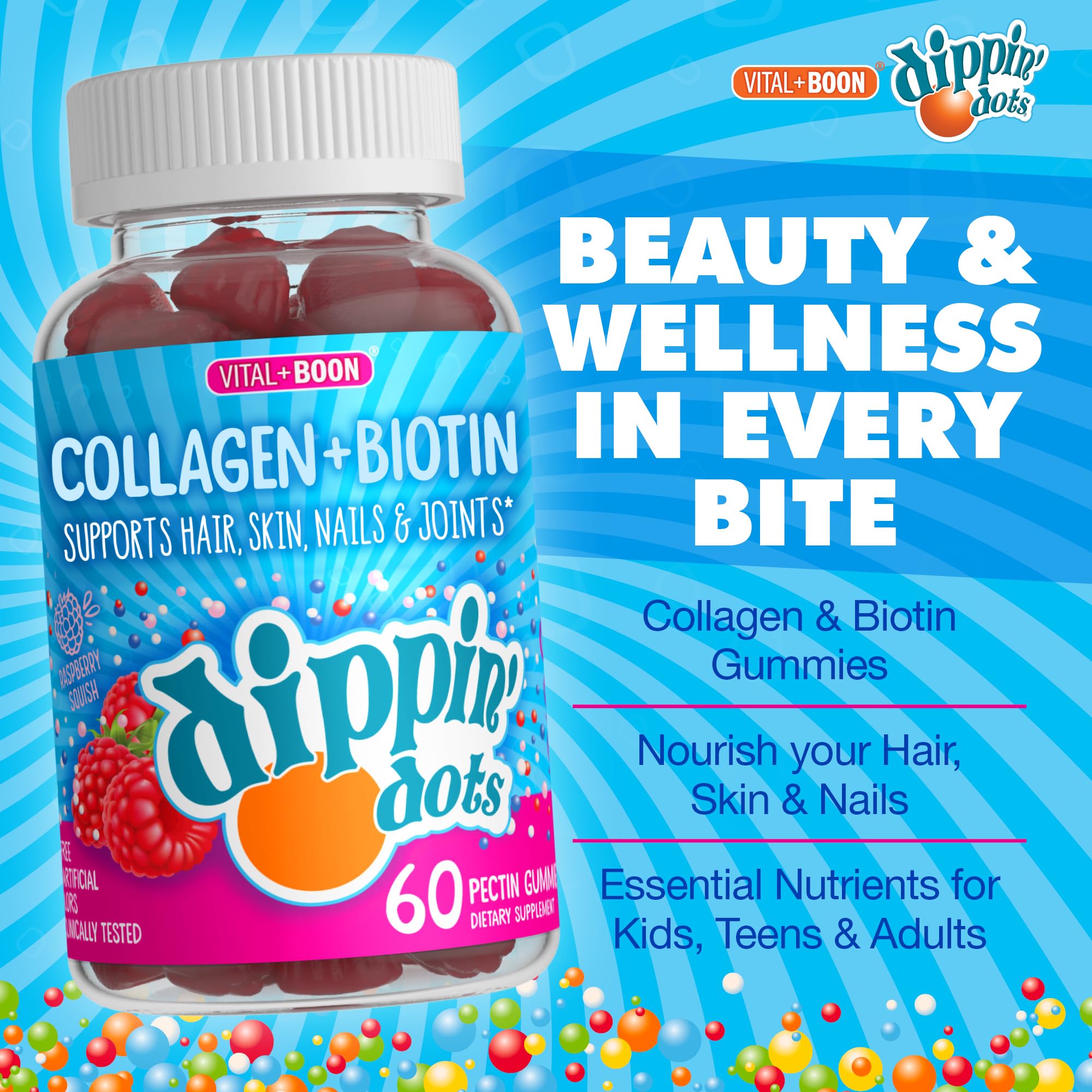 Vital+Boon Dippin' Dots raspberry gummies closeup showing chewy texture.