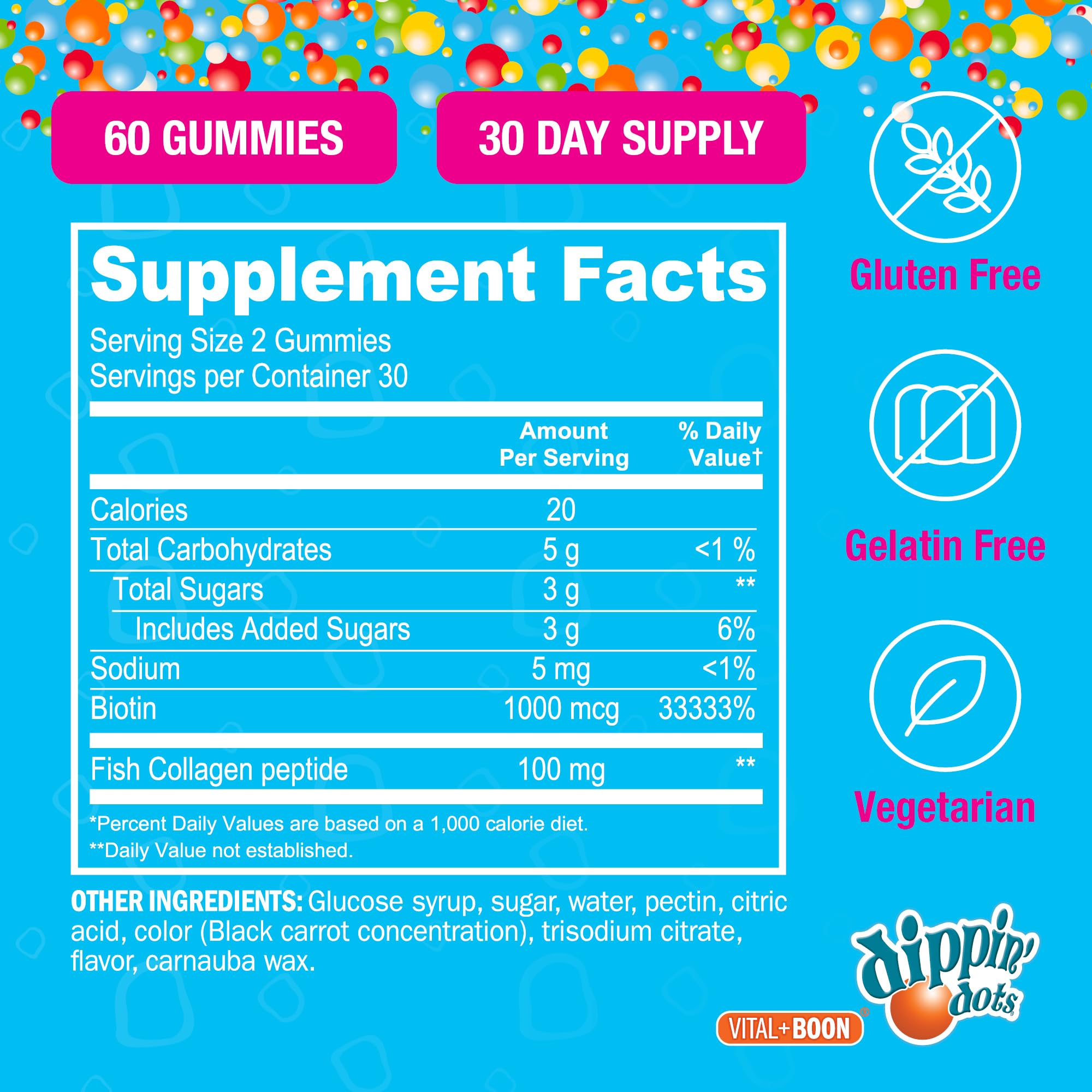 Vital+Boon Dippin' Dots raspberry bottle against berry background.