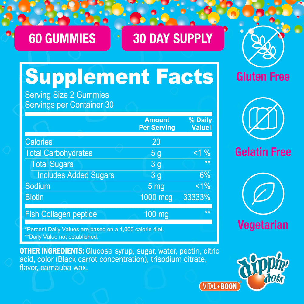 Vital+Boon Dippin' Dots raspberry bottle against berry background.