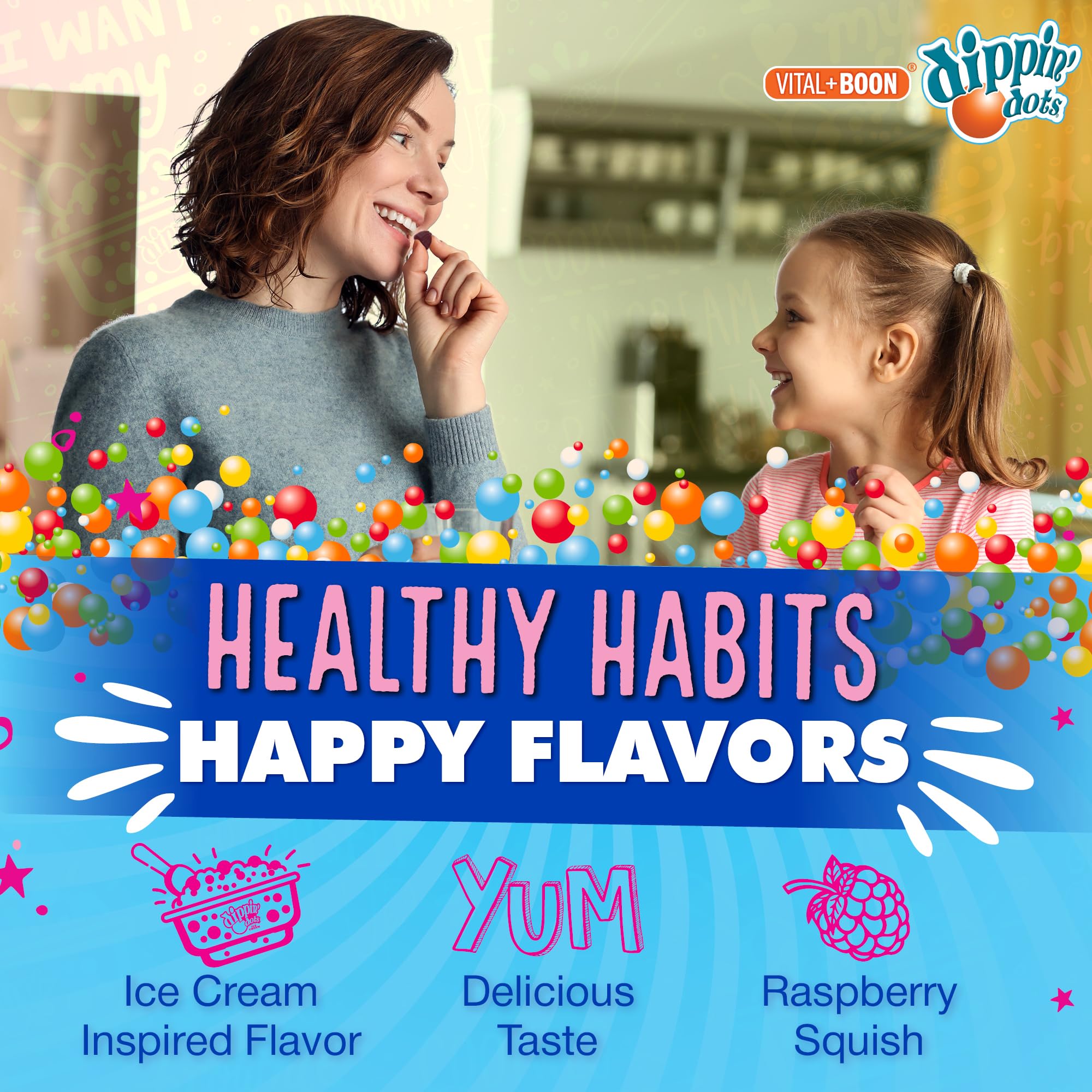 Vital+Boon Dippin' Dots raspberry packaging beside healthy lifestyle setup.