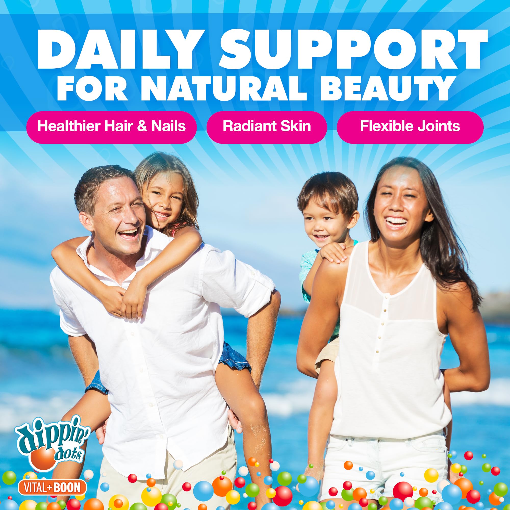 Vital+Boon Dippin' Dots raspberry two-gummy daily serving shown on desk.
