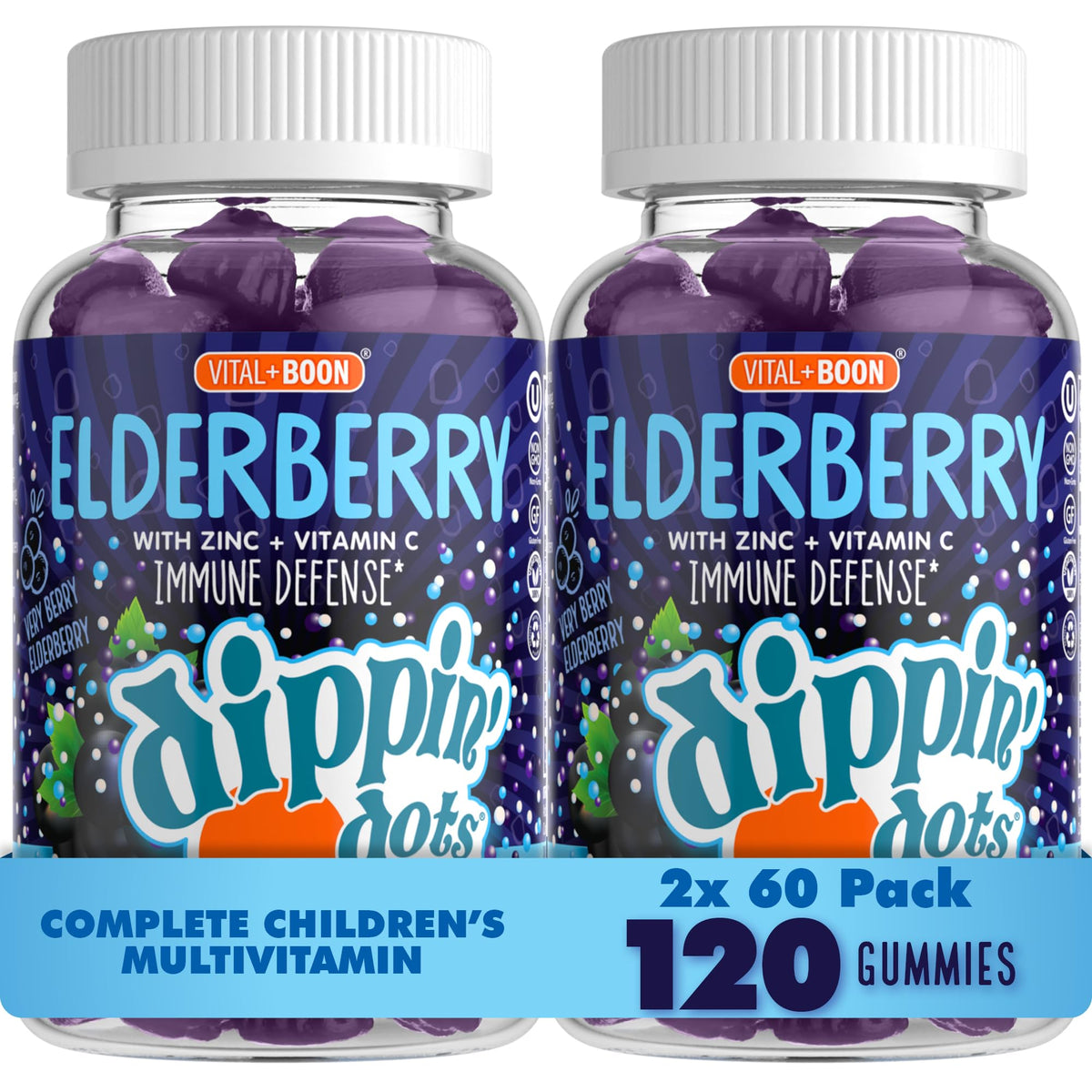 Vital+Boon Elderberry Gummies bottle front highlighting berry flavor and immune support