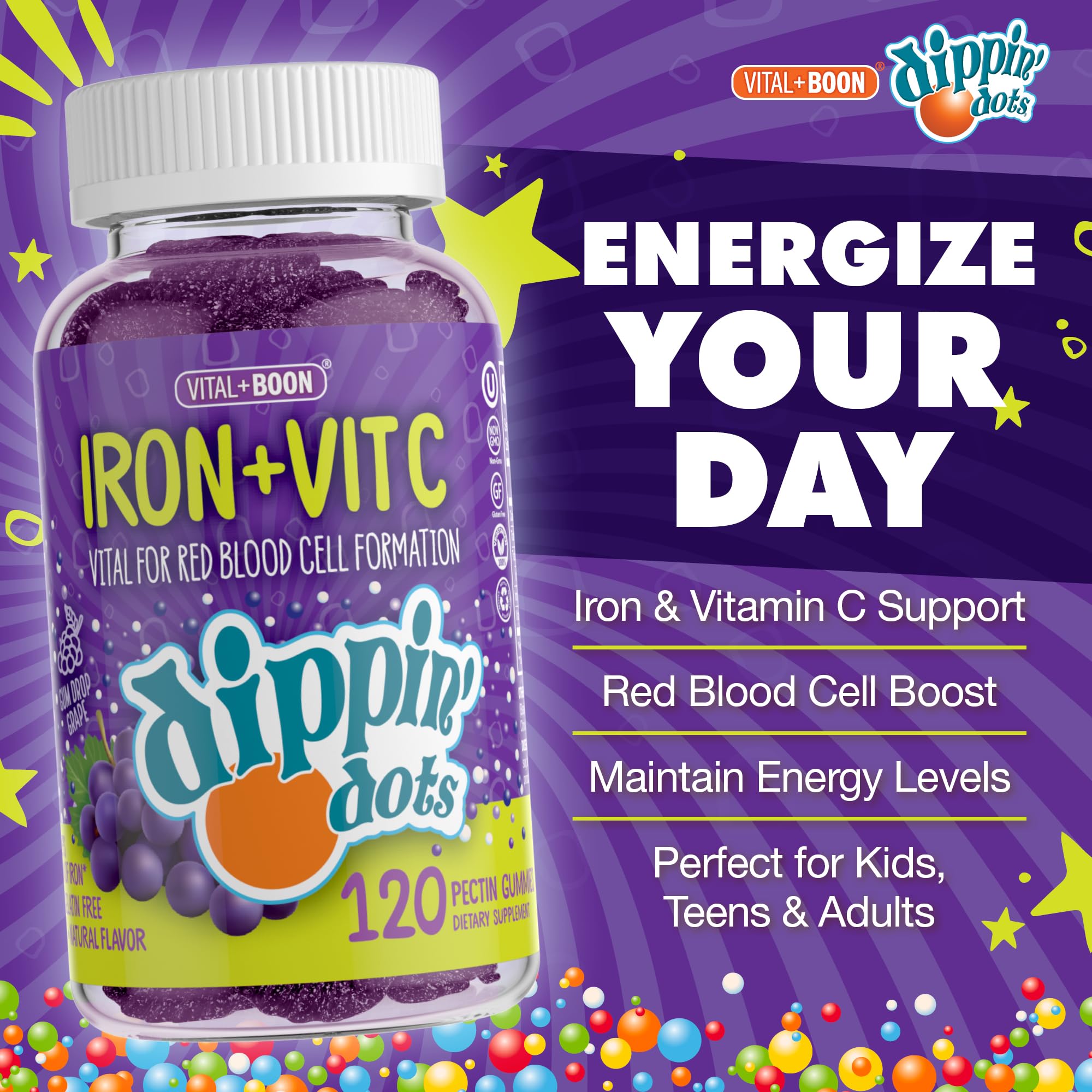 Vital+Boon gummies closeup showing a grape-flavored chew.