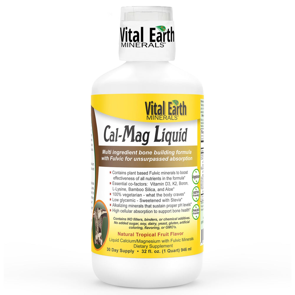 Vital Earth Minerals Cal-Mag Liquid bottle highlights fulvic minerals for potential absorption