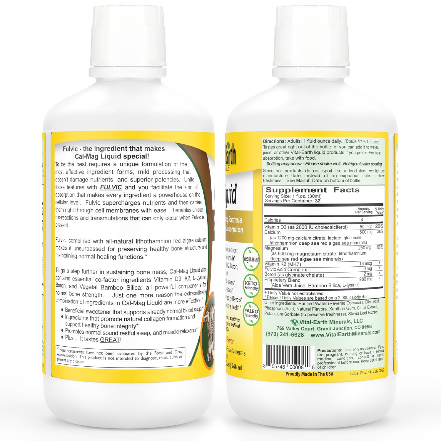 Vital Earth Minerals Cal Mag Liquid pour highlights easy-dose liquid for relaxation and wellness.