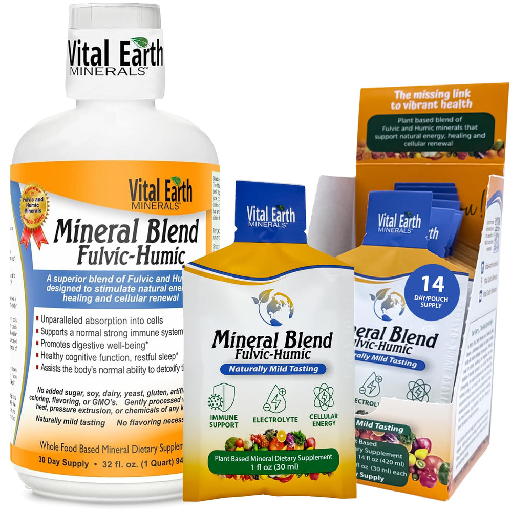 Vital Earth Minerals detox bottle pour shows mineral-rich liquid for daily hydration.