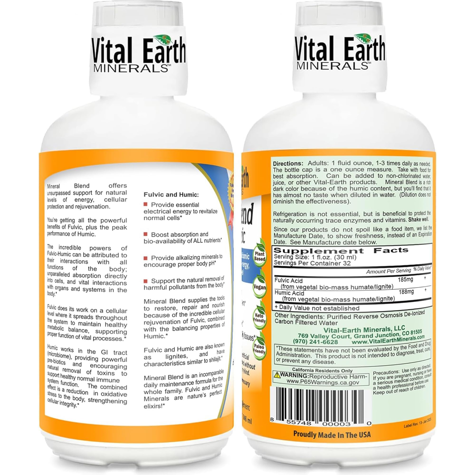 Vital Earth Minerals detox bottle sideview highlights a 32 oz bottle for home use.