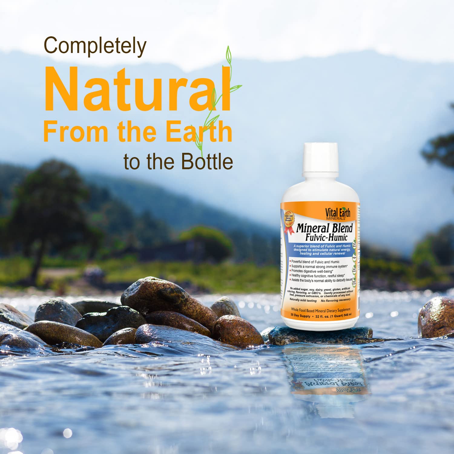 Vital Earth Minerals electrolyte-rich formula poured into glass for refreshment