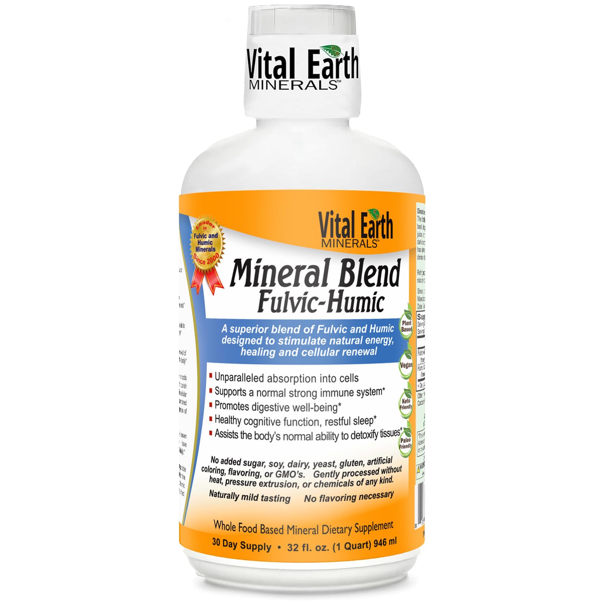 Vital Earth Minerals Fulvic Humic bottle front showing nutrient-rich liquid for daily balance.