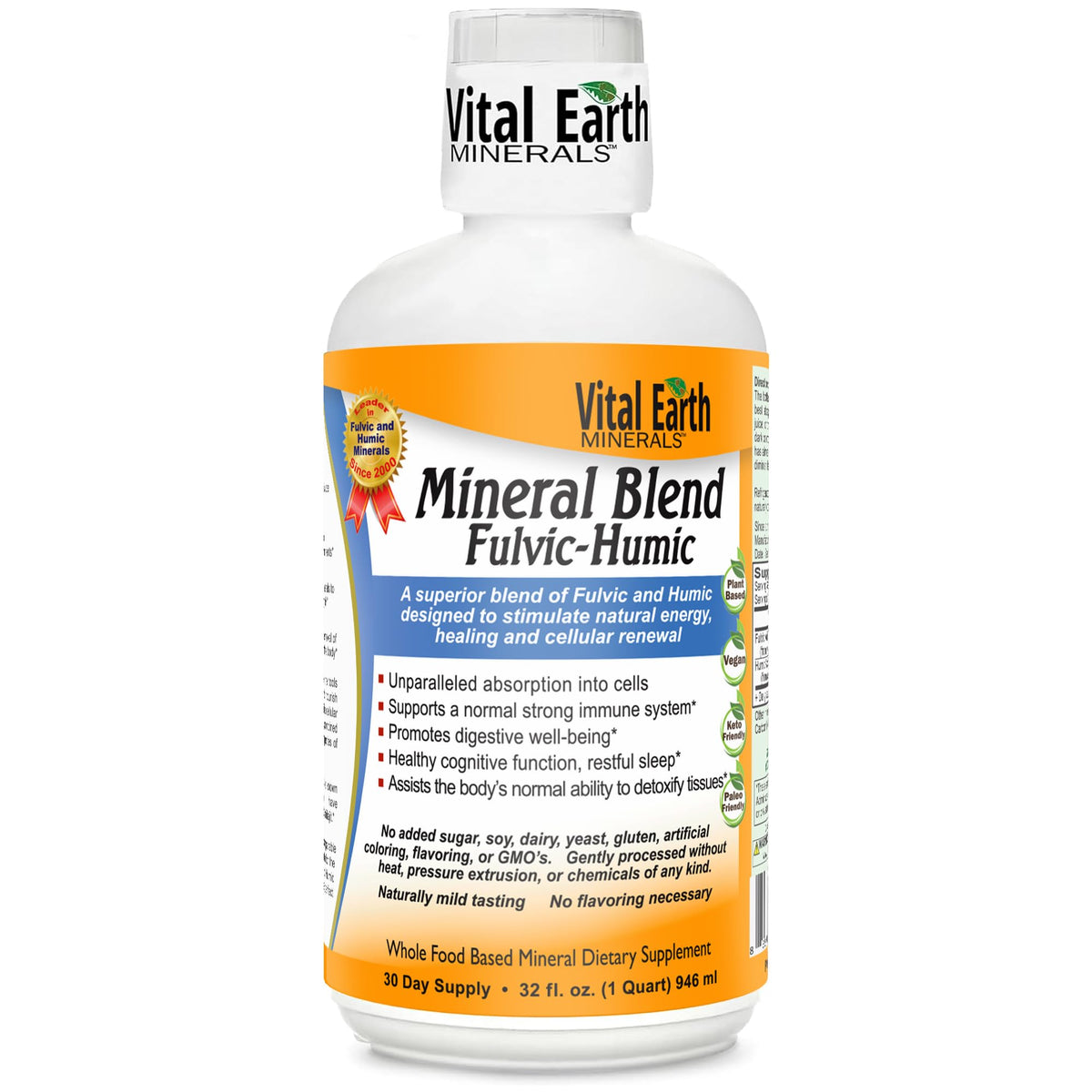 Vital Earth Minerals Fulvic Humic bottle front showing nutrient-rich liquid for daily balance.