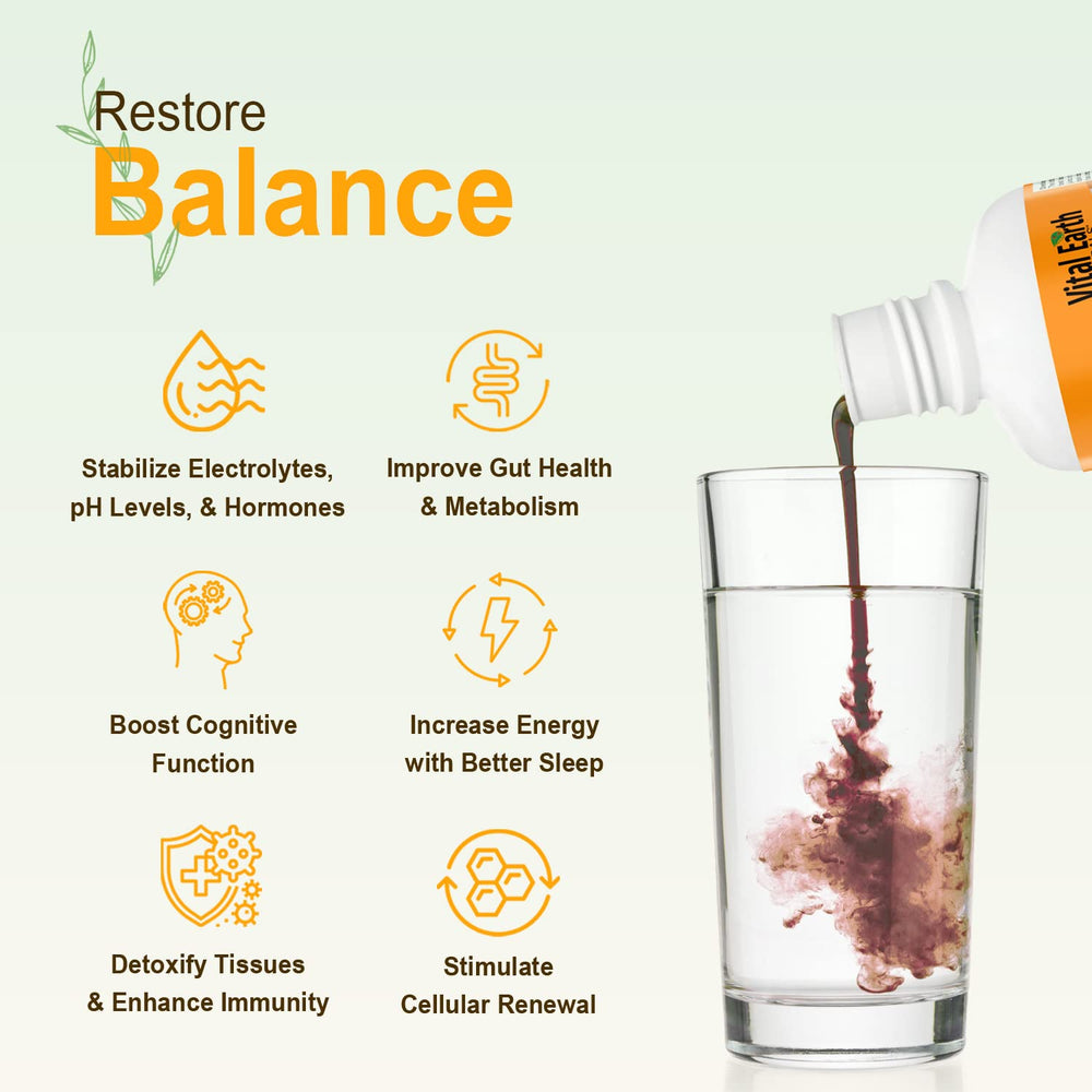 Vital Earth Minerals Fulvic Humic bottle displayed on a shelf for daily wellness.