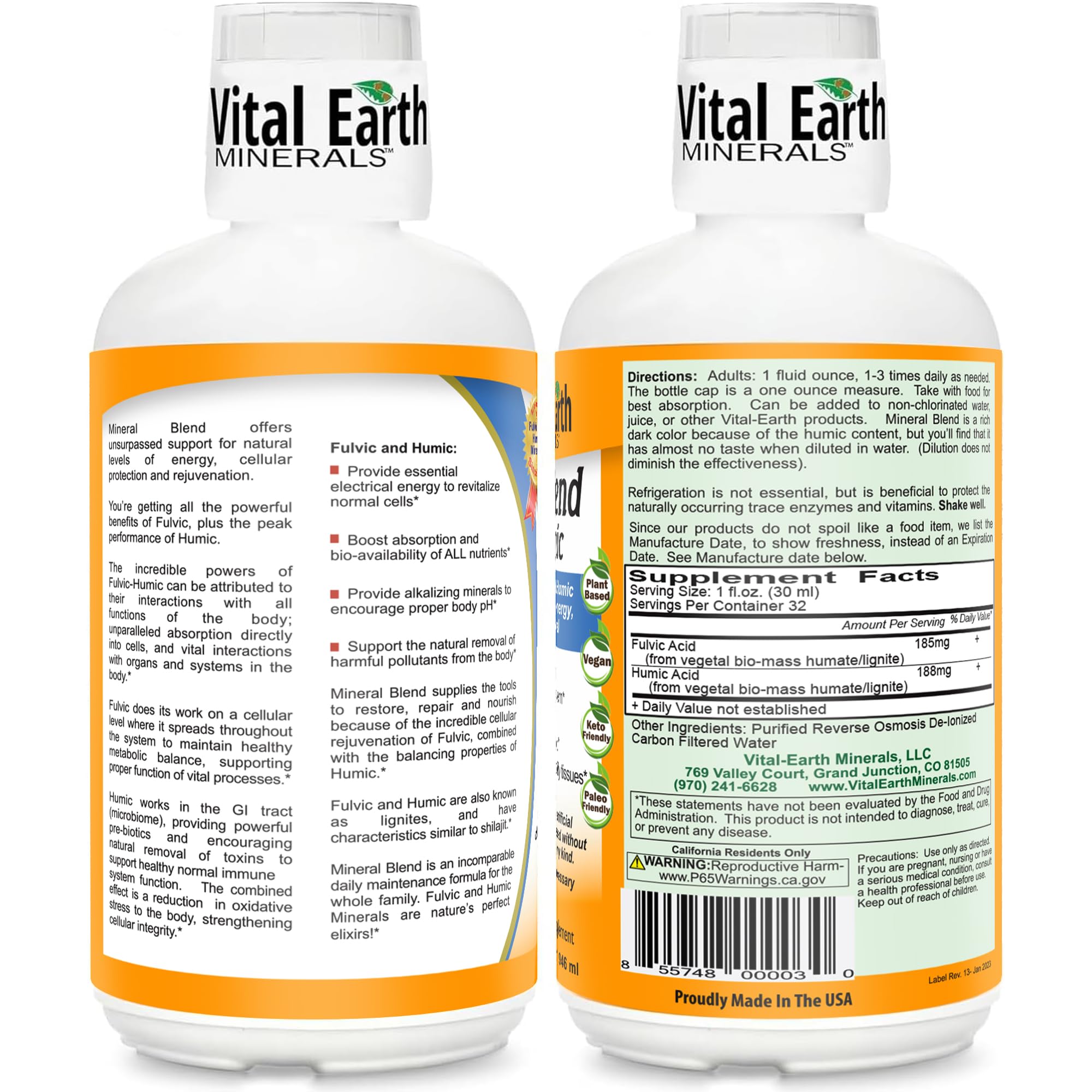 Vital Earth Minerals Fulvic Humic bottle with measuring cup for easy use.
