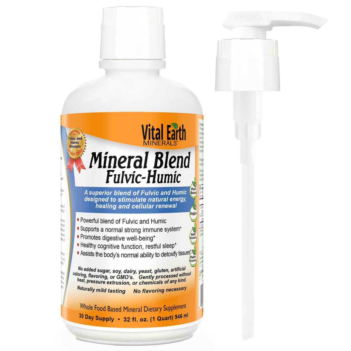 Vital Earth Minerals fulvic-humic liquid with pump for easy daily dosage