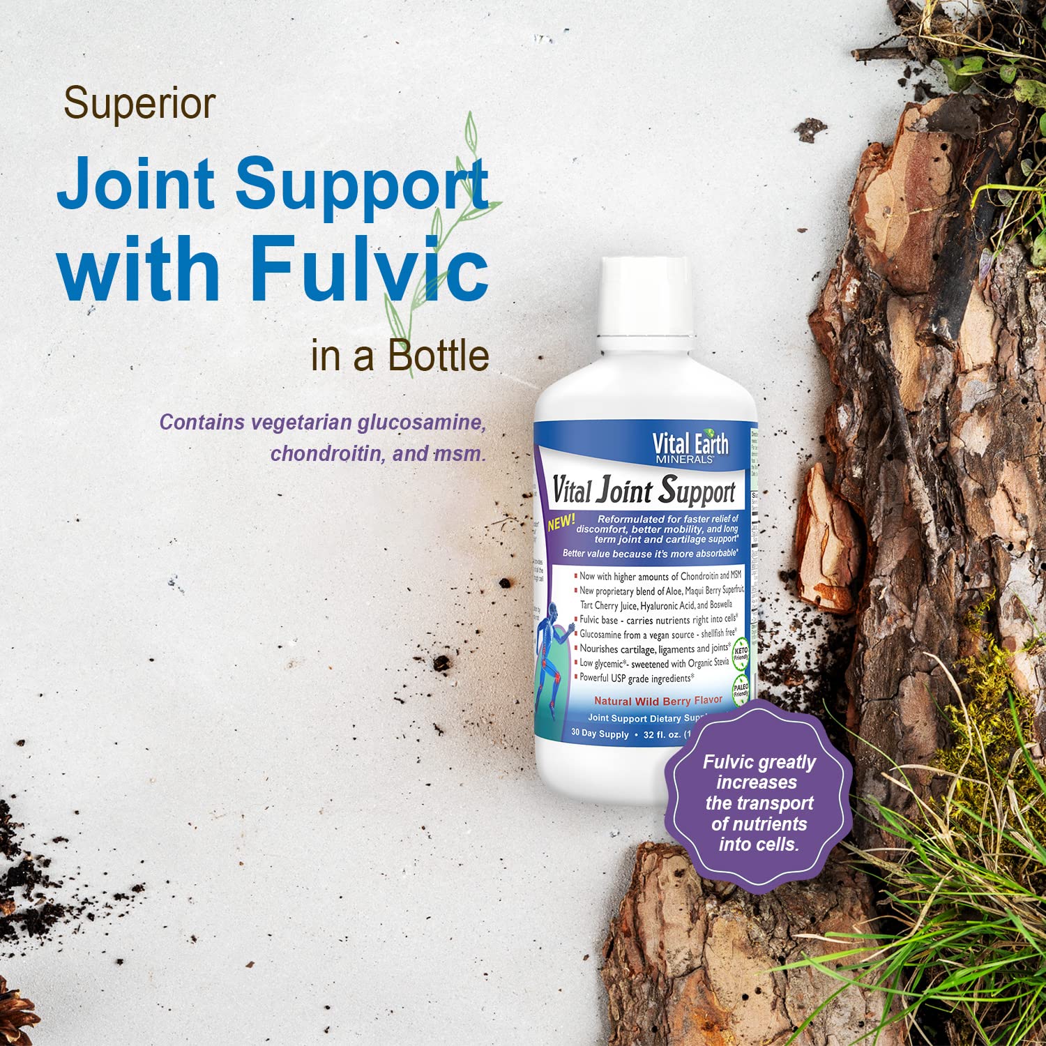 Vital Earth Minerals liquid joint support glass with juice ready for easy mixing at mealtime