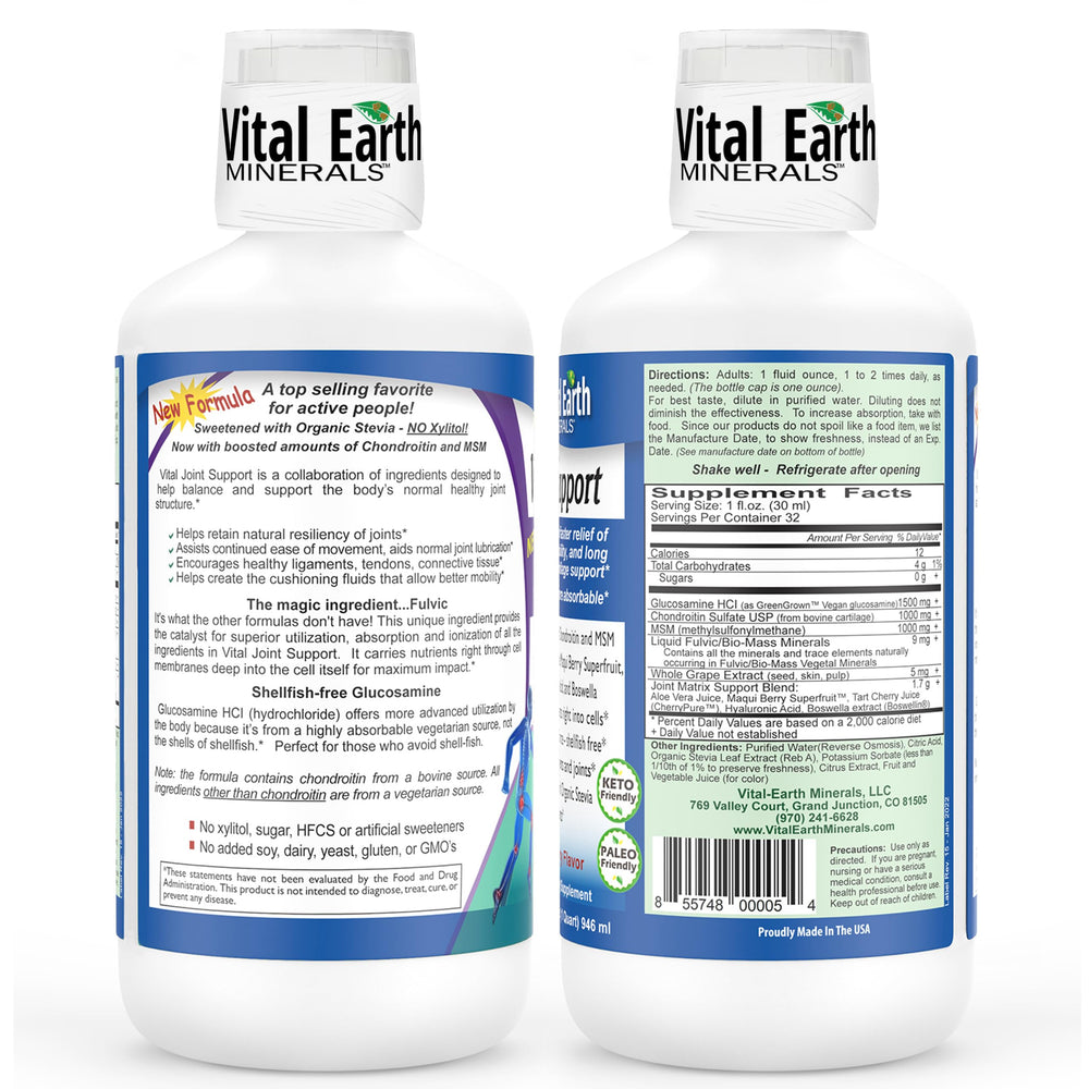 Vital Earth Minerals liquid joint support label closeup highlights key ingredients for mobility support