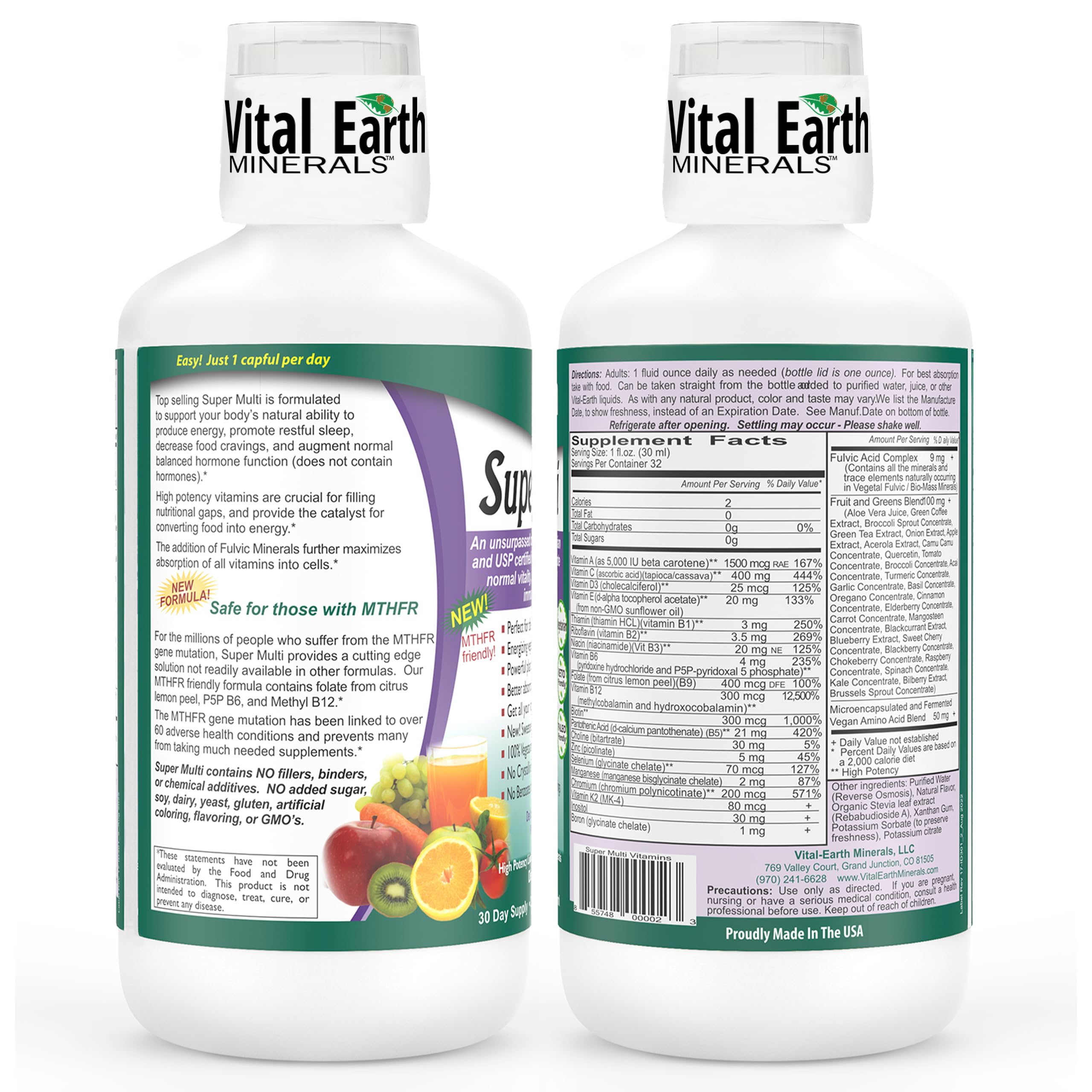 Vital Earth Minerals Super Multi bottle pour showing easy-to-dose liquid serving