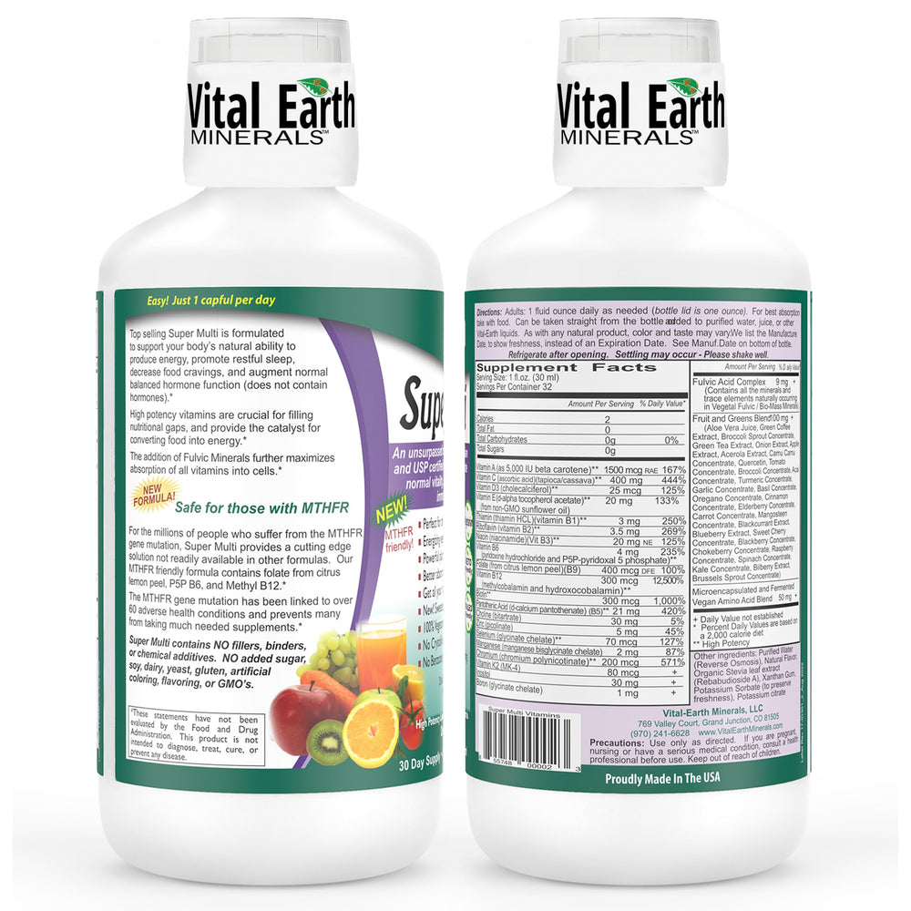 Vital Earth Minerals Super Multi bottle pour showing easy-to-dose liquid serving