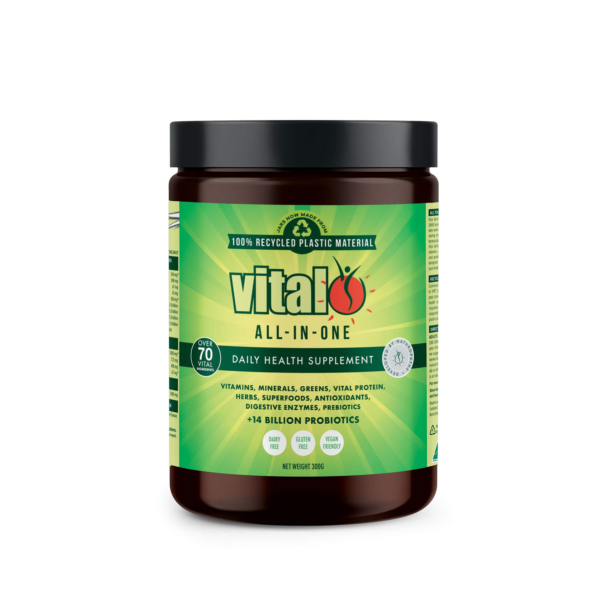 Vital Greens bottle with scoop beside a glass for daily vitality