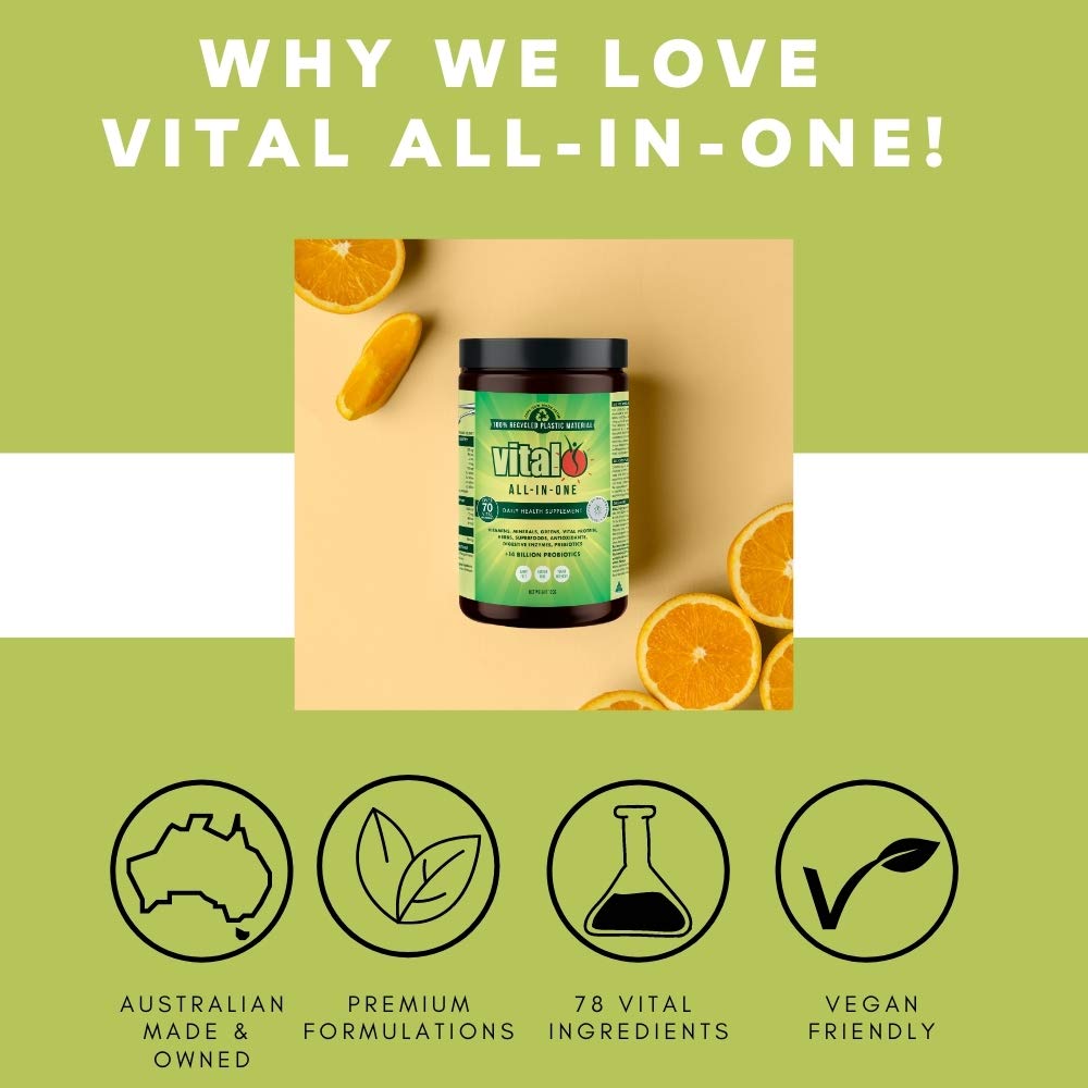 Assorted vegetables and fruits with Vital Greens powder, emphasizing nutrient-dense blend
