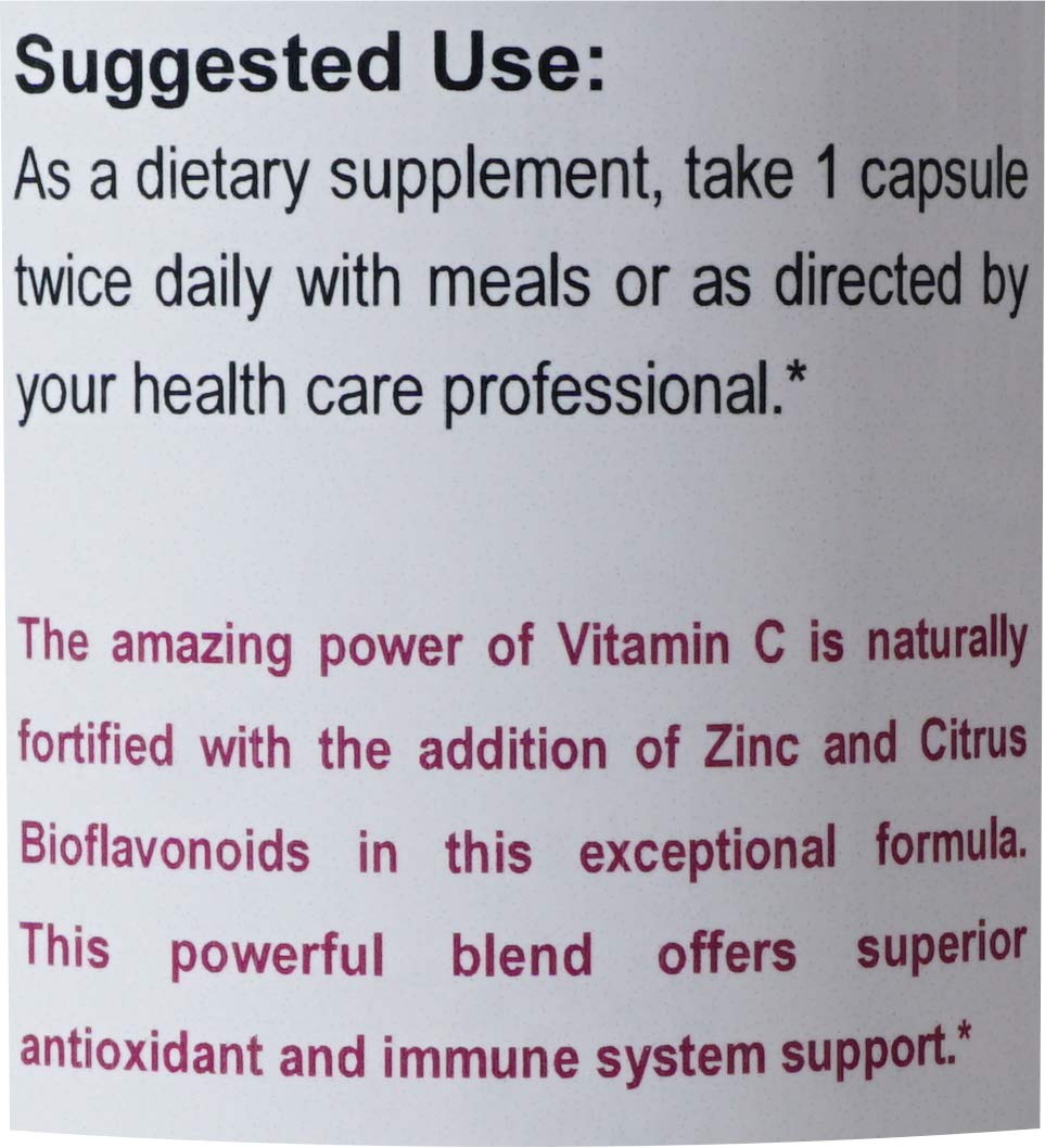 Vital Health Remedies VHR Vitamin C 1000 mg with zinc bioflavonoids open bottle highlights supplement details.
