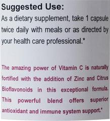 Vital Health Remedies VHR Vitamin C 1000 mg with zinc bioflavonoids open bottle highlights supplement details.
