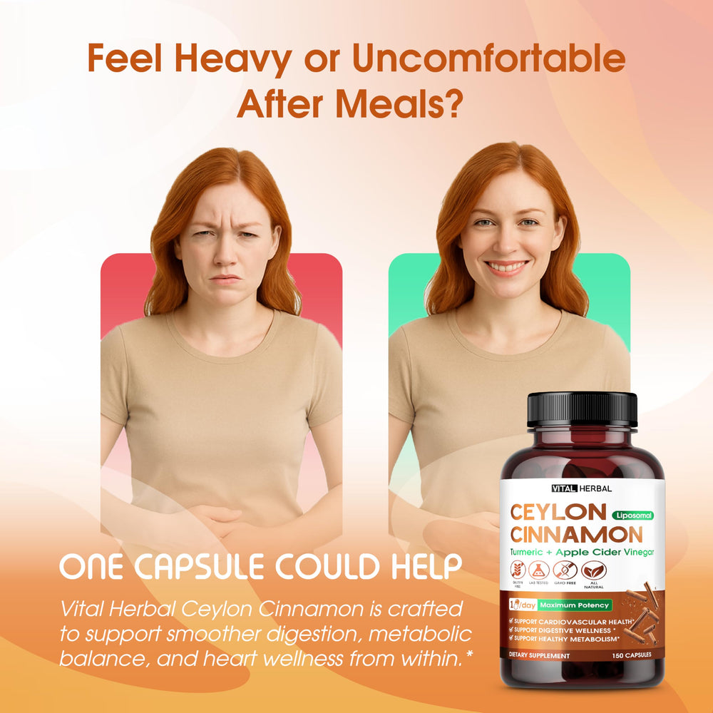Vital Herbal Liposomal Ceylon Cinnamon capsules poured for easy daily use