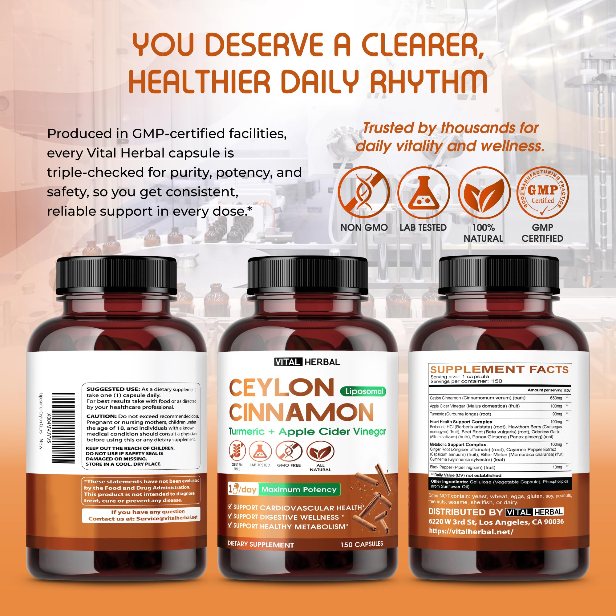 Vital Herbal packaging display emphasizes 150 capsules and straightforward routine