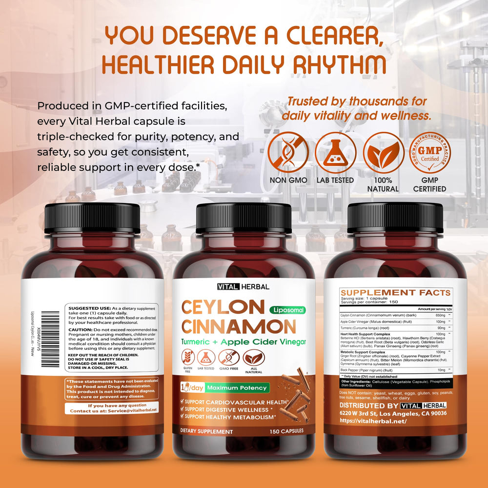 Vital Herbal packaging display emphasizes 150 capsules and straightforward routine