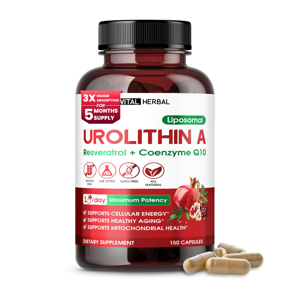 Vital Herbal Urolithin A bottle pour for daily wellness support