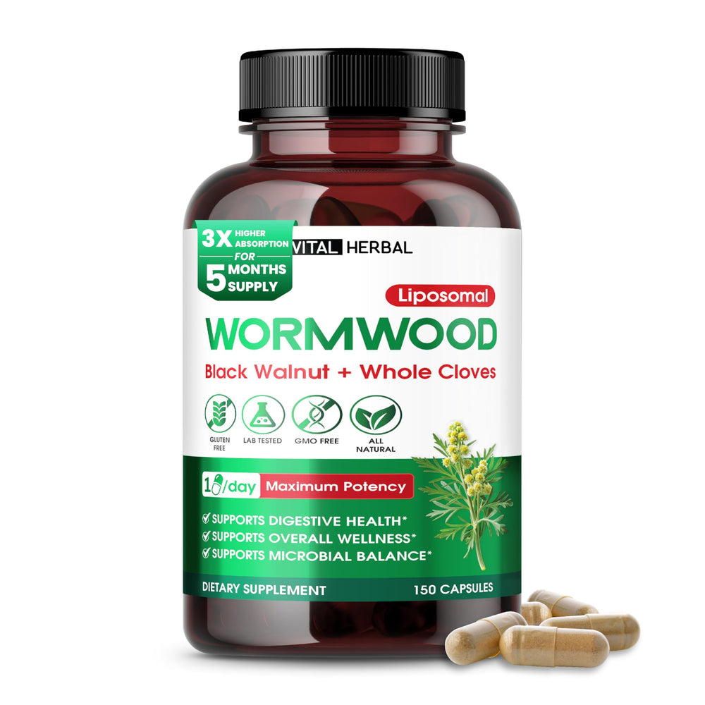 VITAL HERBAL Wormwood bottle shows easy daily capsules for digestive wellness