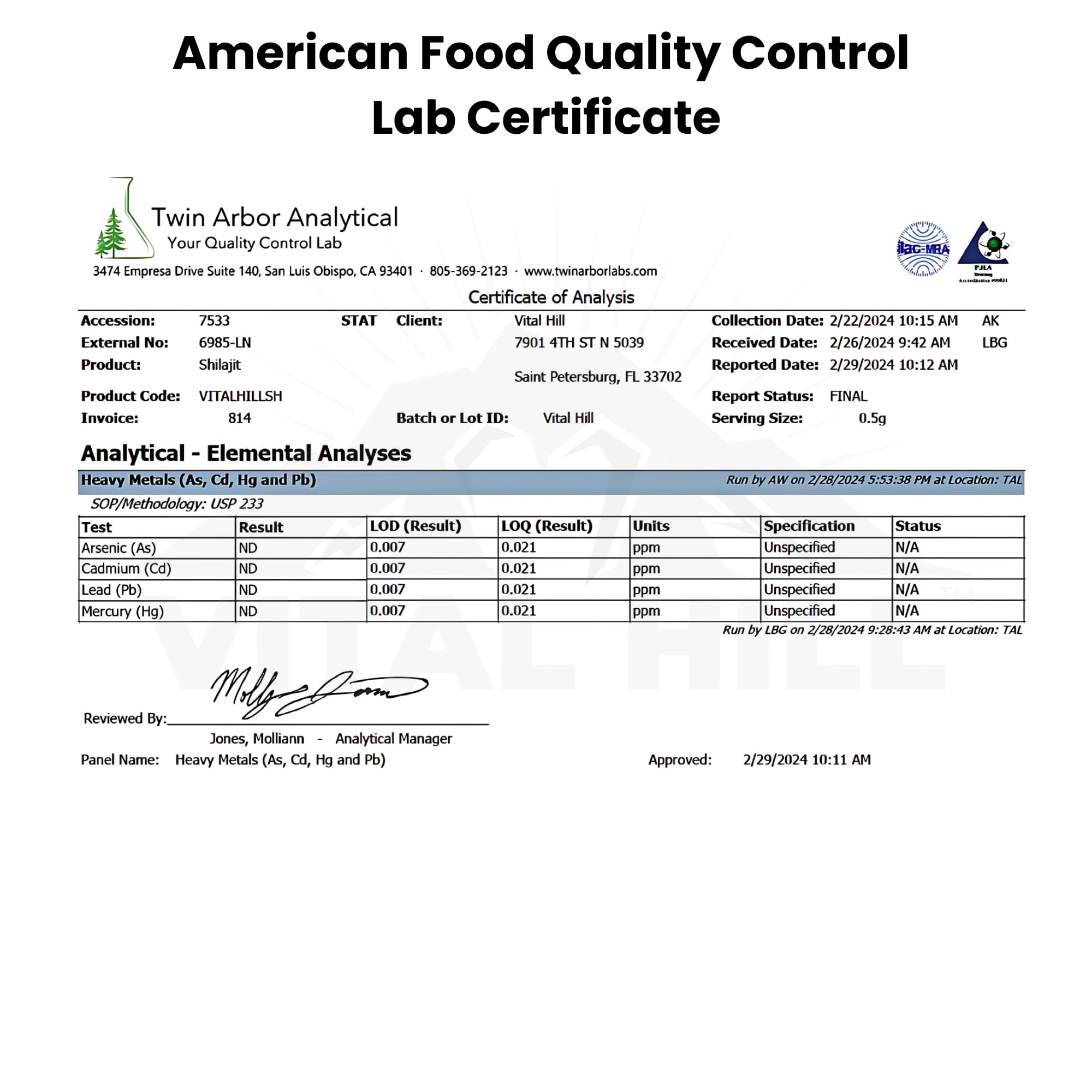 Vital Hill Lab test certificate assuring purity and quality for Shilajit resin.