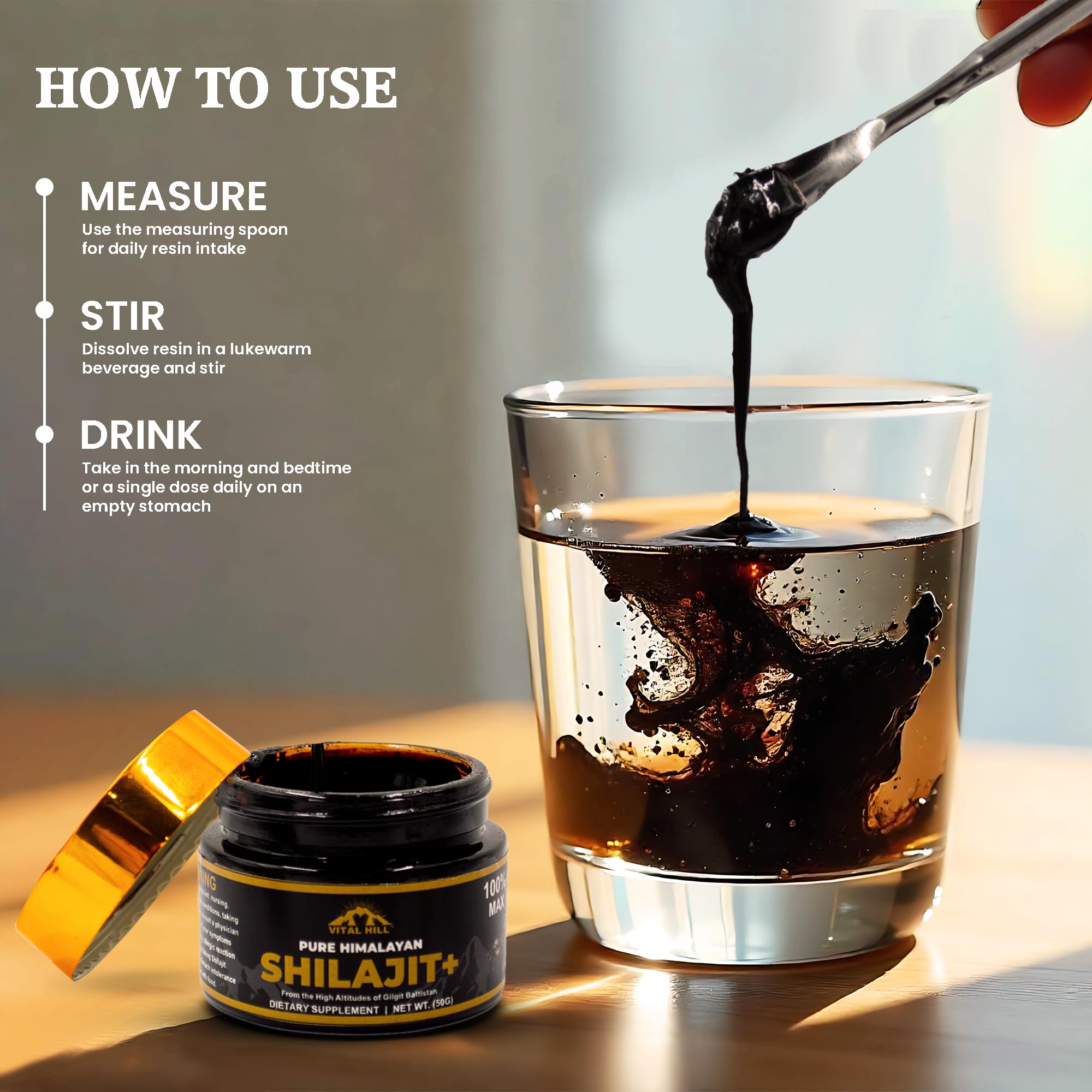 Vital Hill Shilajit resin in tea dissolving smoothly for a natural wellness boost.