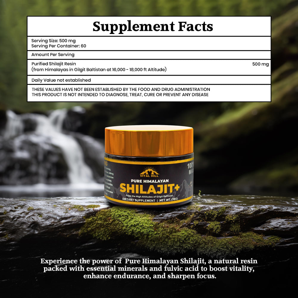 Vital Hill Shilajit Resin in glass — calm moment with mineral-rich support.
