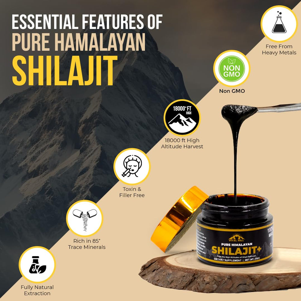 Vital Hill Shilajit Resin teaspoon dissolving in warm water for easy daily use.