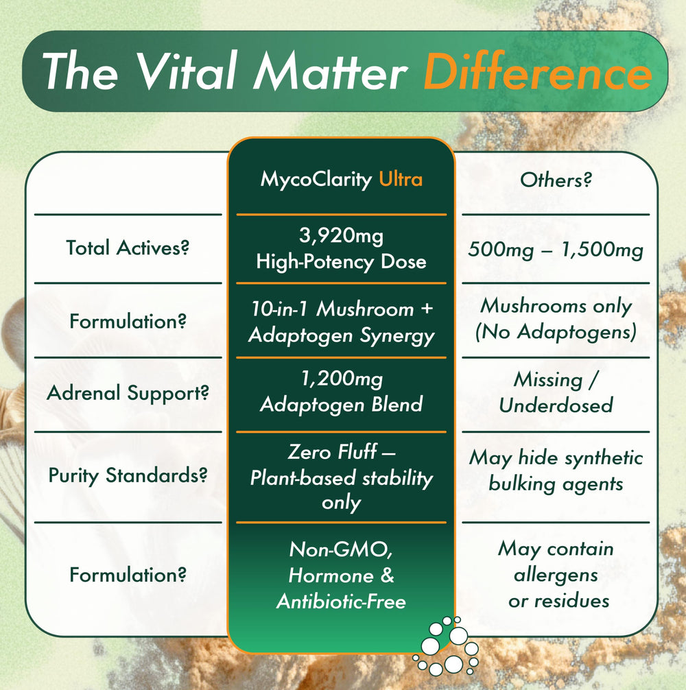 Vital Matter MycoClarity Ultra adaptogen-blend label shows Ashwagandha, Rhodiola, and more.