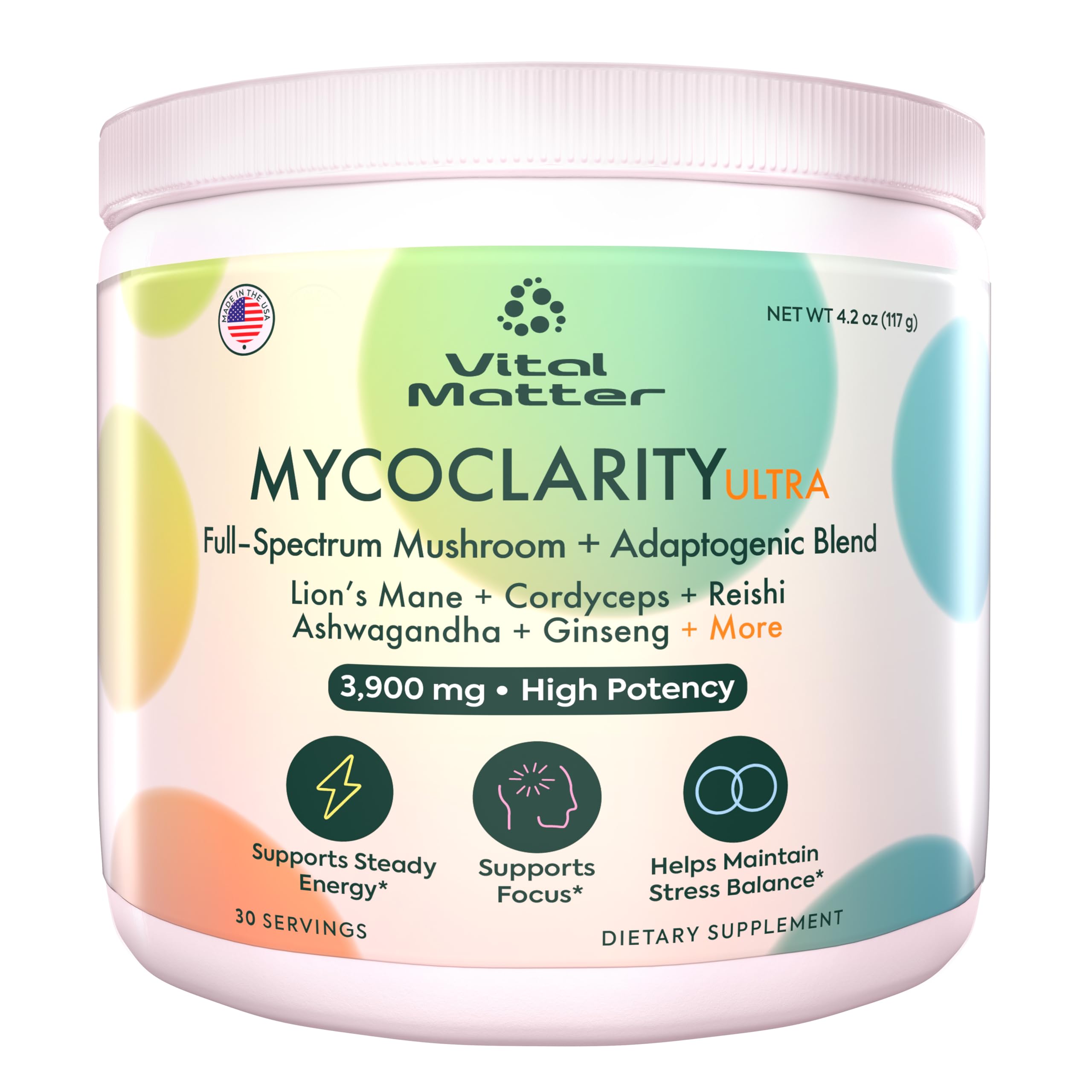 Vital Matter MycoClarity Ultra bottle front showing a complete mushroom blend for daily wellness.