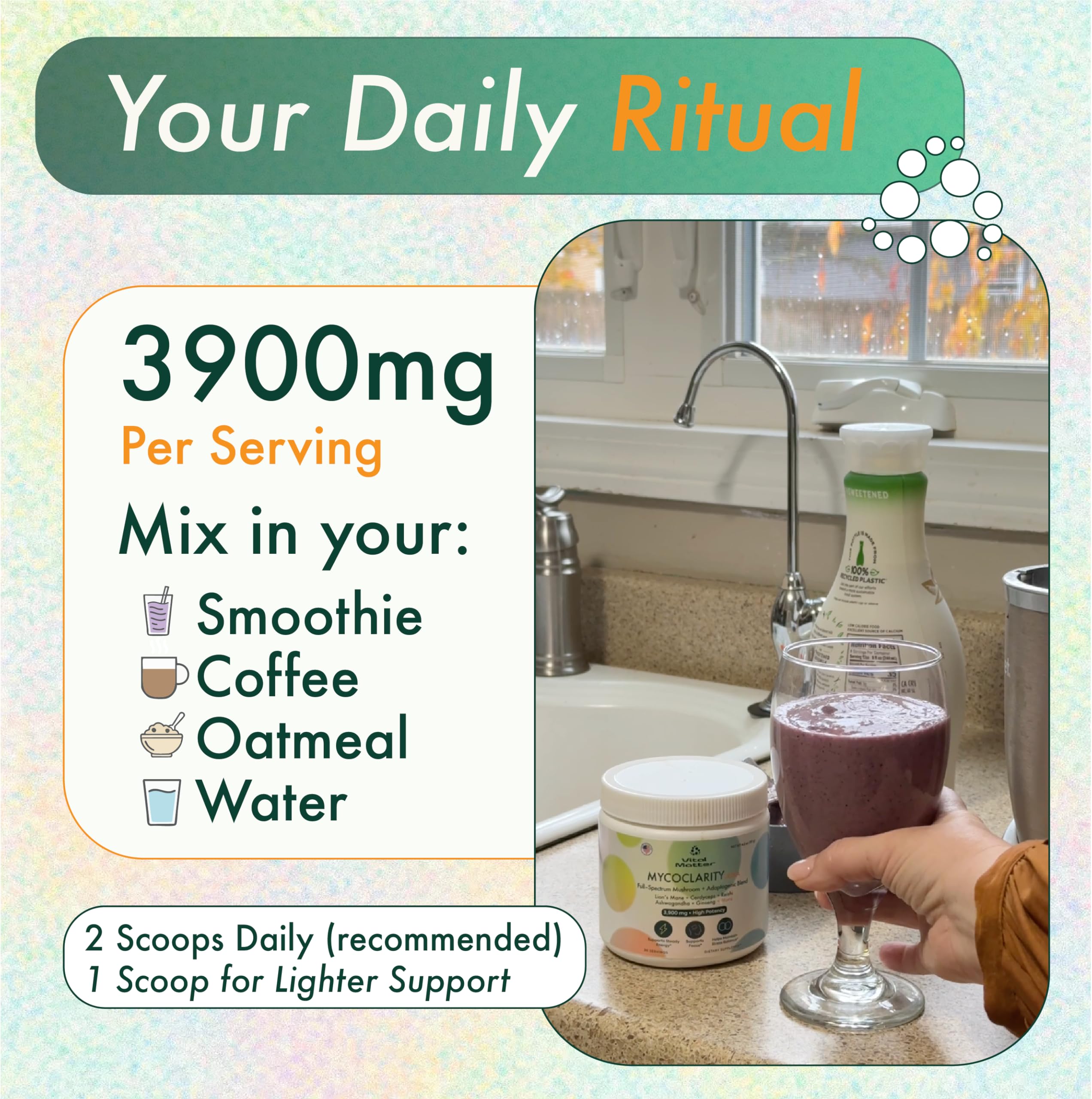 Vital Matter MycoClarity Ultra coffee-mix in a mug illustrating an easy daily ritual.