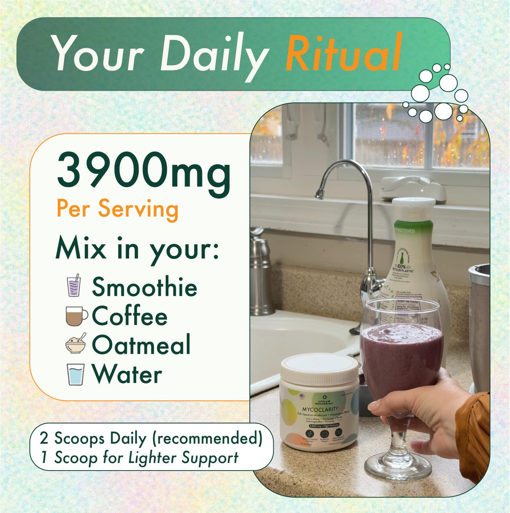 Vital Matter MycoClarity Ultra coffee-mix in a mug illustrating an easy daily ritual.