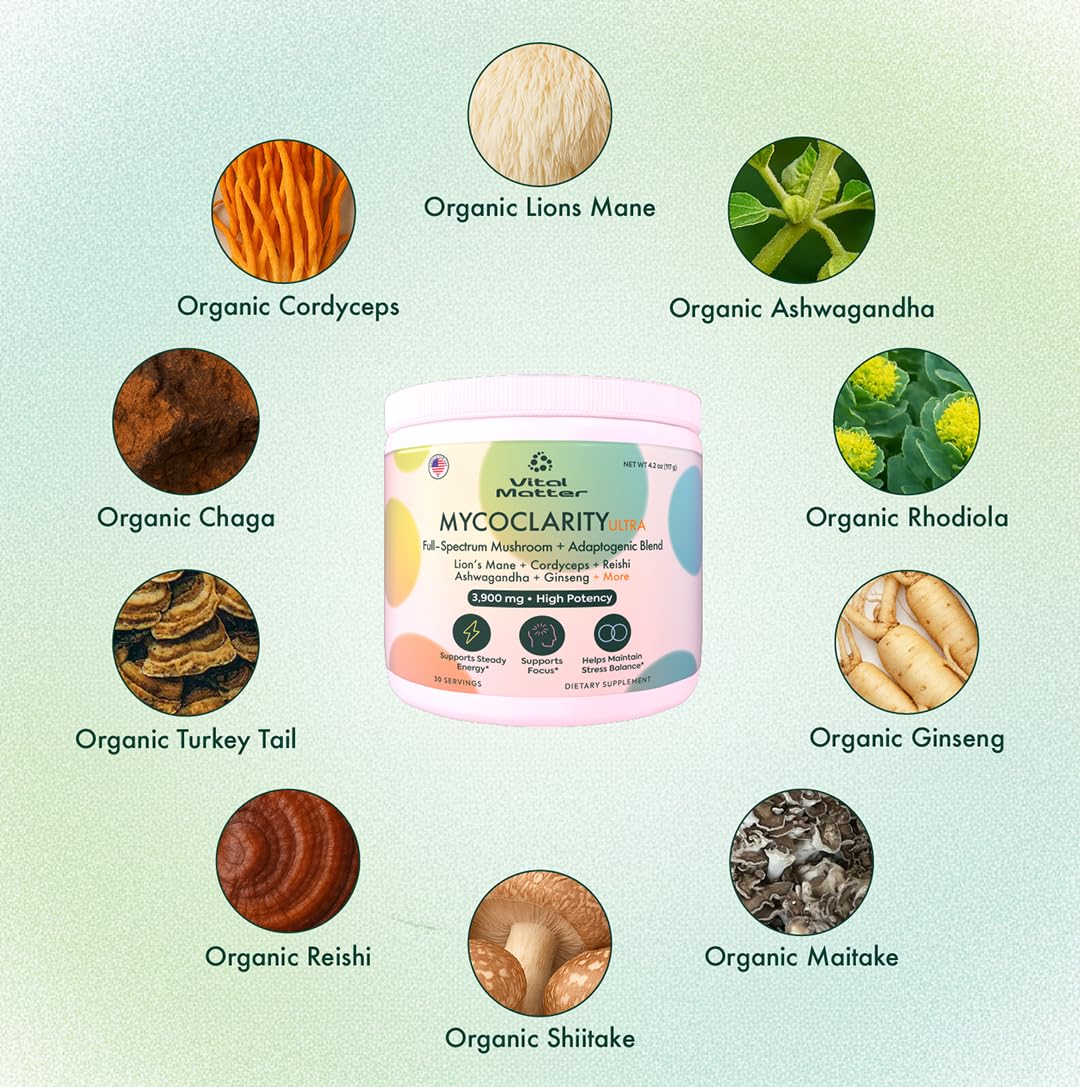 Vital Matter MycoClarity Ultra powder-dispense close-up highlighting powder texture ready to mix.
