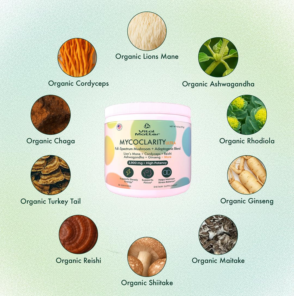 Vital Matter MycoClarity Ultra powder-dispense close-up highlighting powder texture ready to mix.