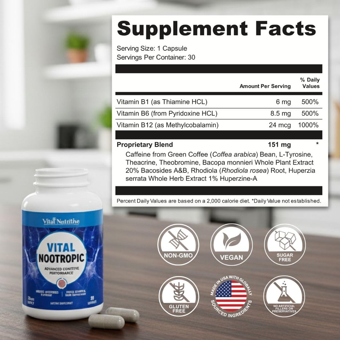 Vital Nootropic bottle on desk ready for a focused day.