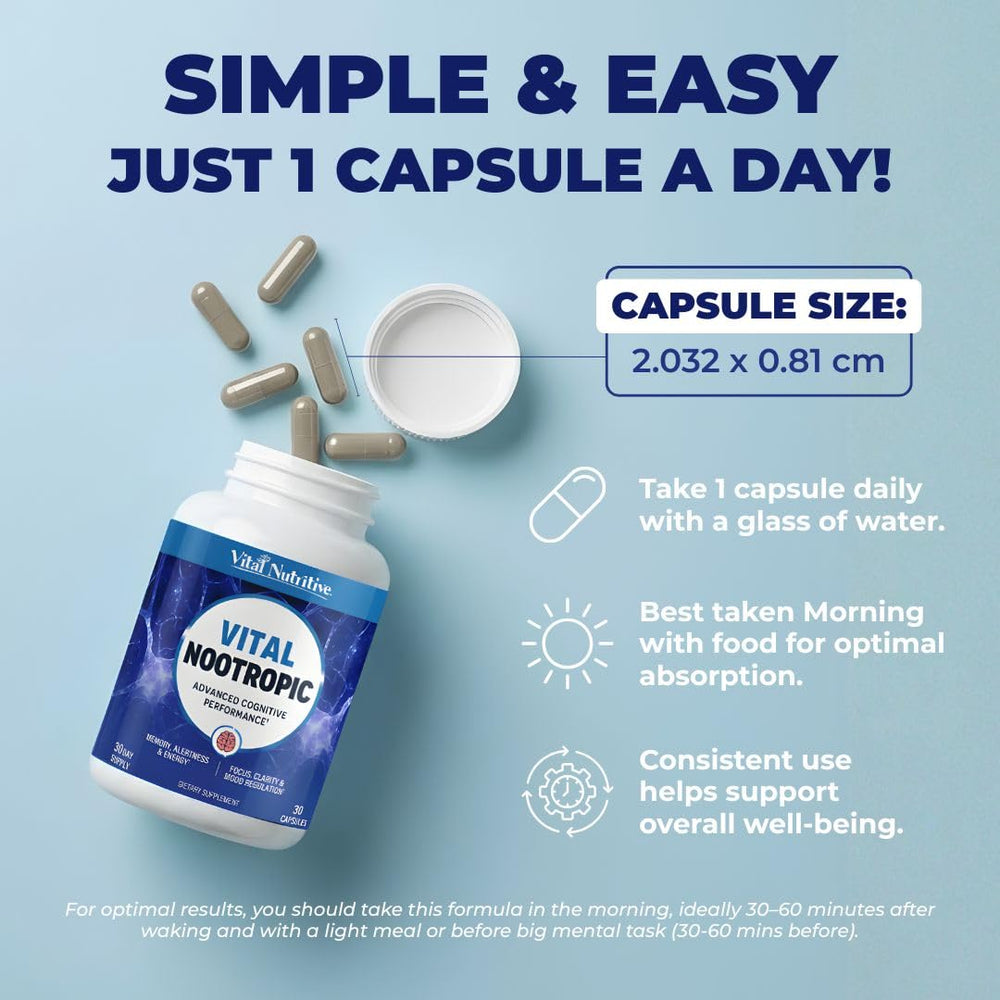 Vital Nootropic capsules in glass dish for organized daily use.