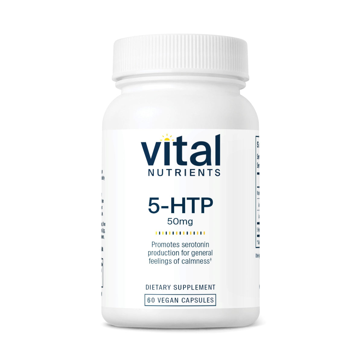 Vital Nutrients 5-HTP bottle front view supports restful evenings.