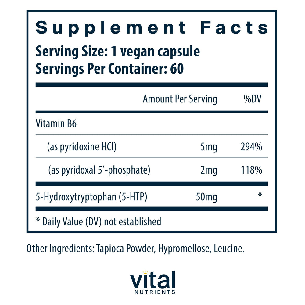 Vital Nutrients 5-HTP capsules close-up showing vegan formula for daily balance.