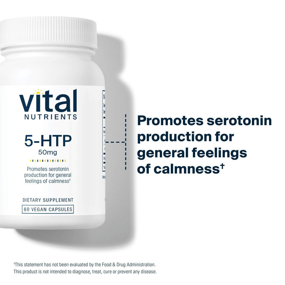 Vital Nutrients 5-HTP product on shelf conveys practitioner-trusted option.