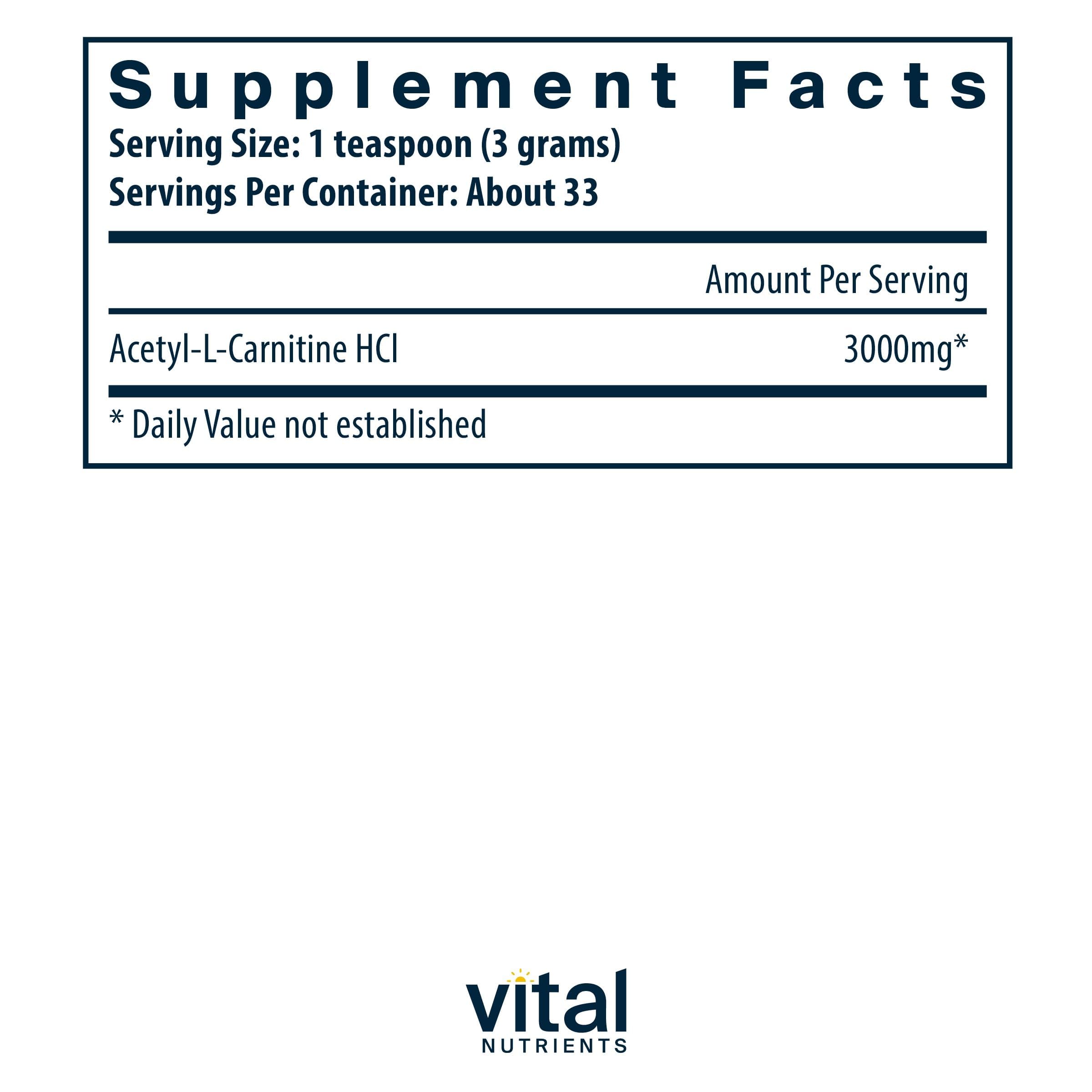 Vital Nutrients Acetyl L-Carnitine bottle closeup with label details